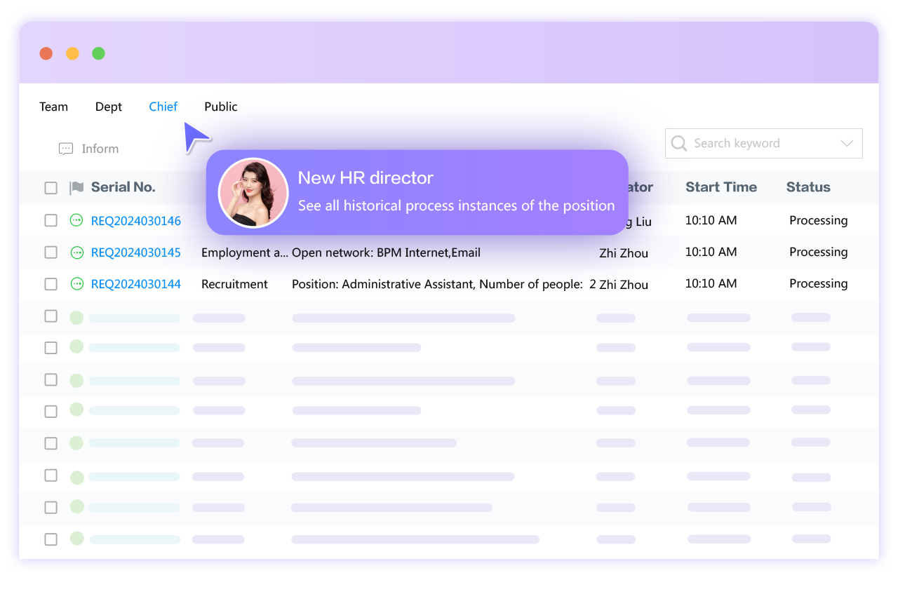 This image displays FlowPortal BPM’s position transfer feature. Newly - arrived staff view position - related historical processes; error settings allow cancellation/reset, ensuring efficient and accurate